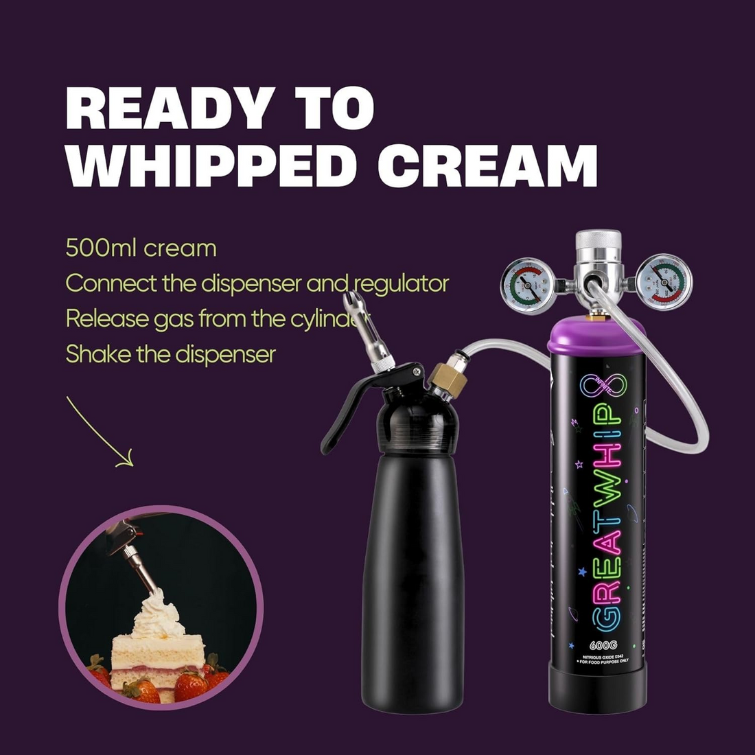 GreatWhip 670g Whipped Cream Charger Cylinder Food Grade High Capacity Pure Whip Cream Tank Cartridge